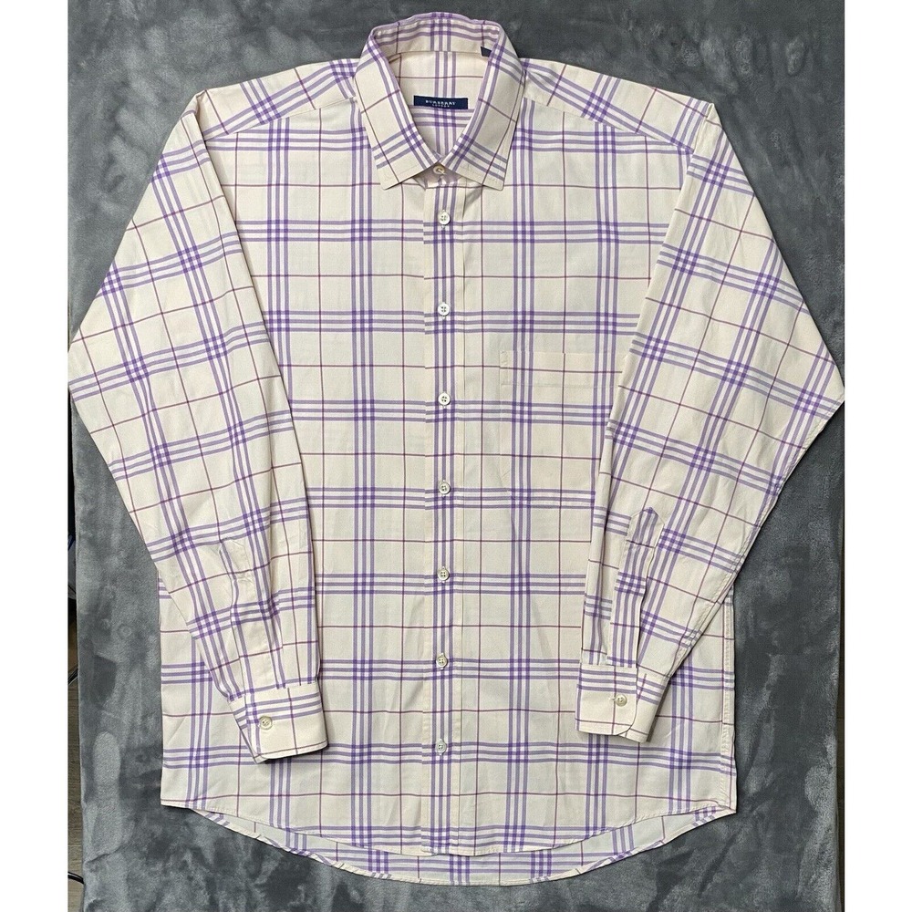 Burberry London Long Sleeve Button Up Shirt Men's Medium Plaid Cream Purple USA
